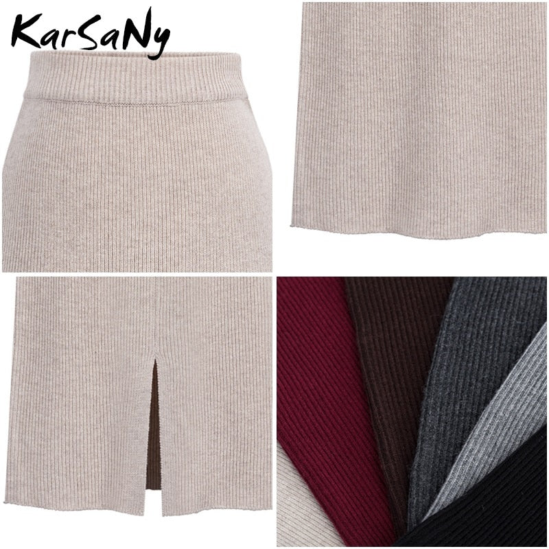 Knit Pencil Skirt Women High Waist Skirts Women Split Midi Skirt