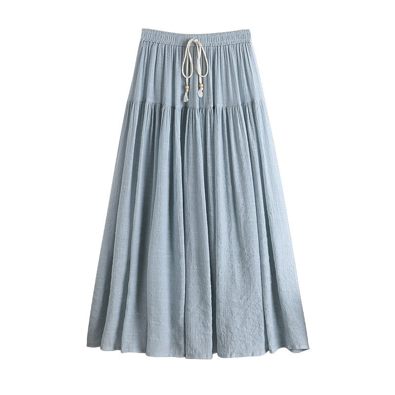 Linen Cotton Pleated Skirt Women Elastic High Waist Long Skirts