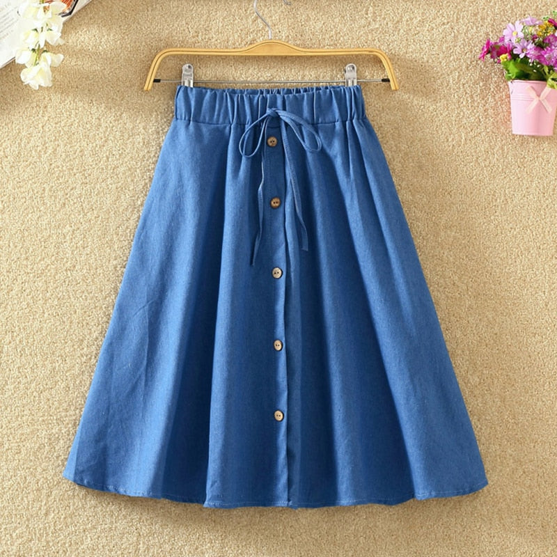 Knee Lenth Denim Skirt WomenStriped High Waist