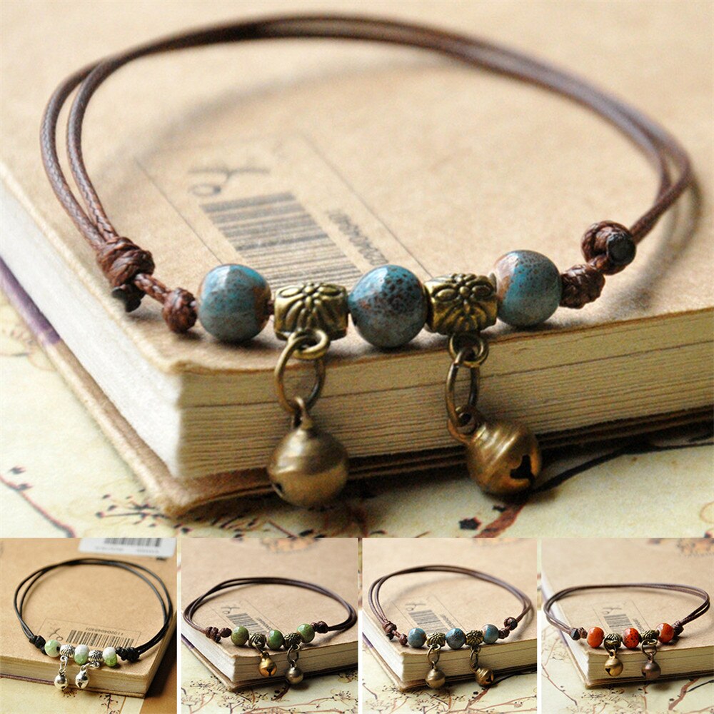 Blue Ceramic Brown Rope Anklet Women