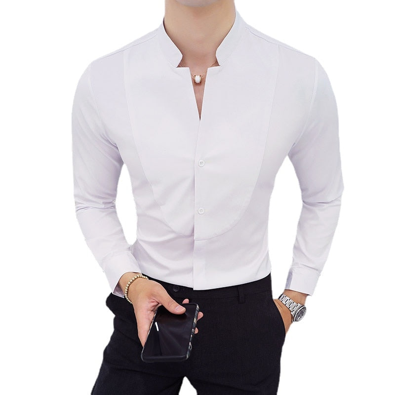 Men Business Shirts Stand Collar Long Sleeve Tops Dresses