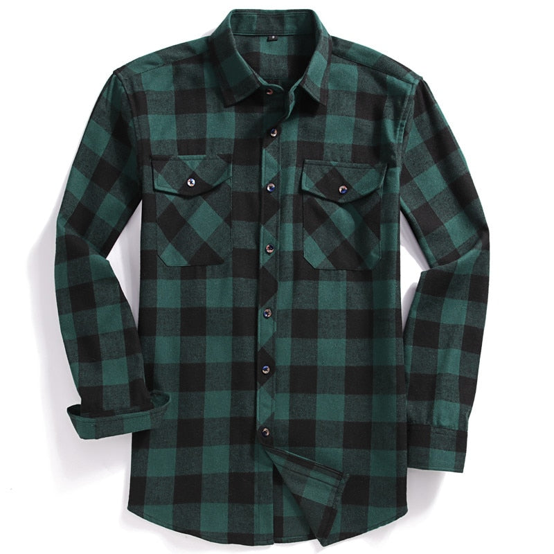 Men Casual Plaid Flannel Shirt Long-Sleeved Two Pocket Printed-Button