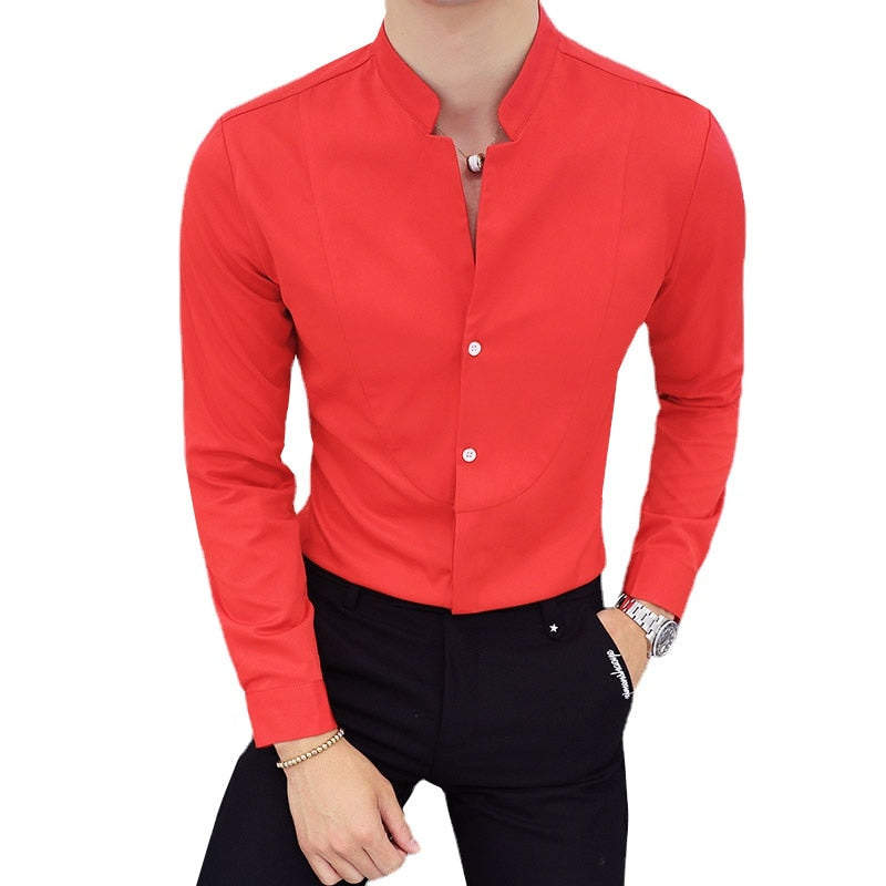 Men Business Shirts Stand Collar Long Sleeve Tops Dresses