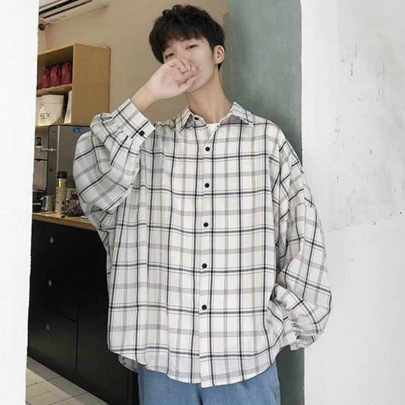 Men Casual Shirts Plaid Single Breasted Long Sleeve Loose Thin