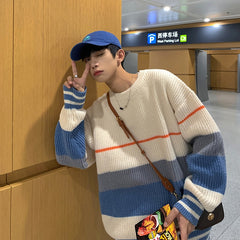 Striped sweater men's loose sweater coat lazy wind thickened round neck