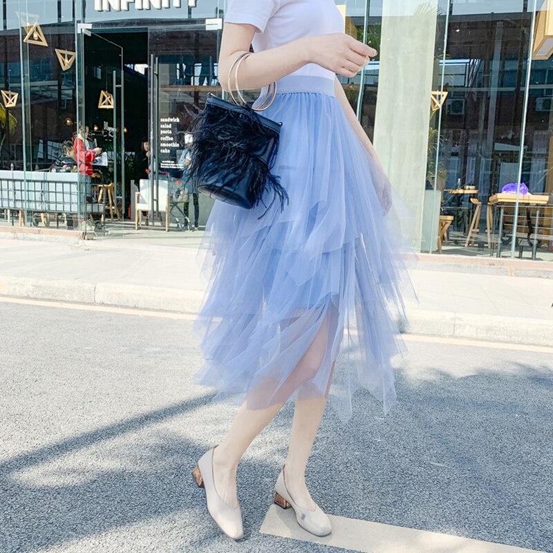 Tulle Skirts Womens Irregular Fashion Elastic High Waist Mesh Tutu Skirt