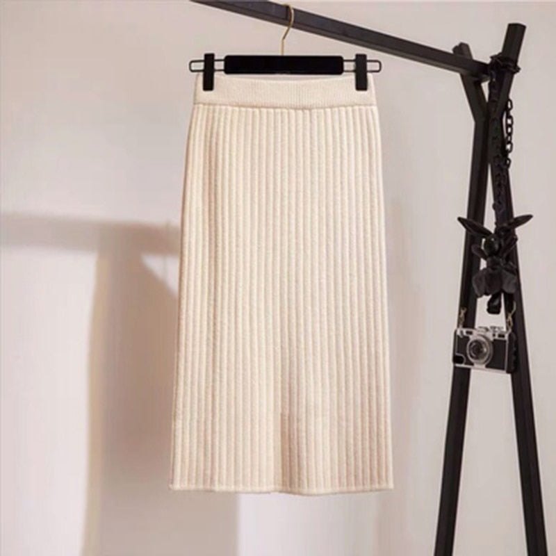 Knit Pencil Skirt Women High Waist Elastic Skirts