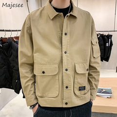 Jackets Men Basic Soft Letter Pockets Wind Breaker Turn-down Collar Outwear