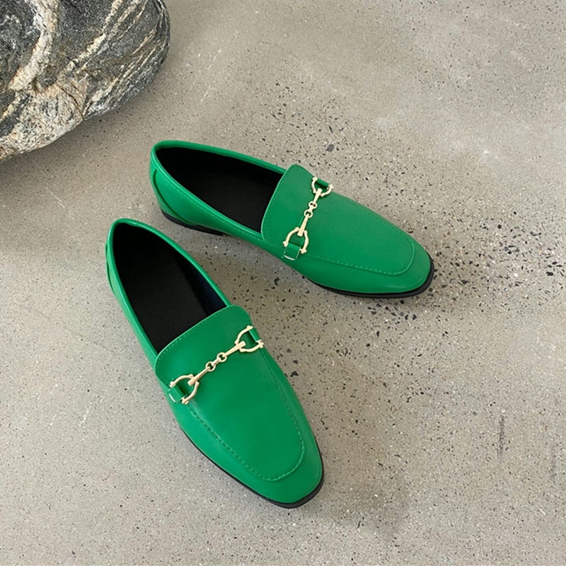 Slip On Loafer Metal Buckle Flat Shoes Round Toe Green Casual