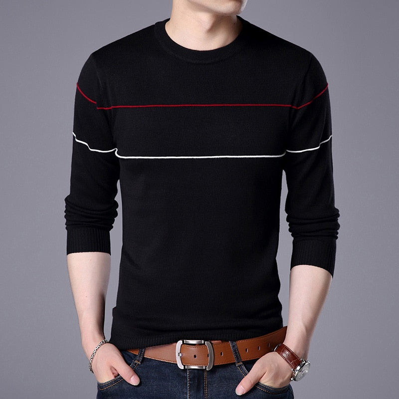 Men Knitted Sweater Comfy O Neck Long Sleeve Pullover Stripe Jumper Bottoming Shirt