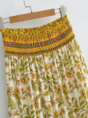 Bohemia Yellow Contrast color Floral Print Long Skirt