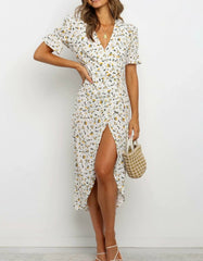 Women Short Sleeve Floral Print Beach Bohemian Midi Dresses