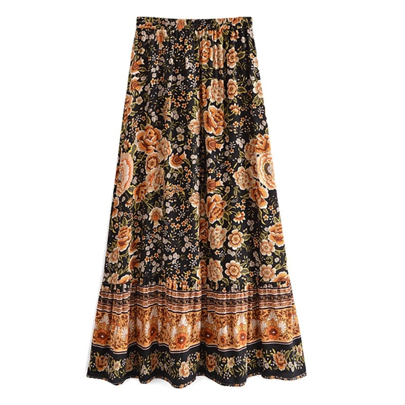 2021 Bohemia Black Orange Floral Print Long Skirt Spliced Ruched Ruffle