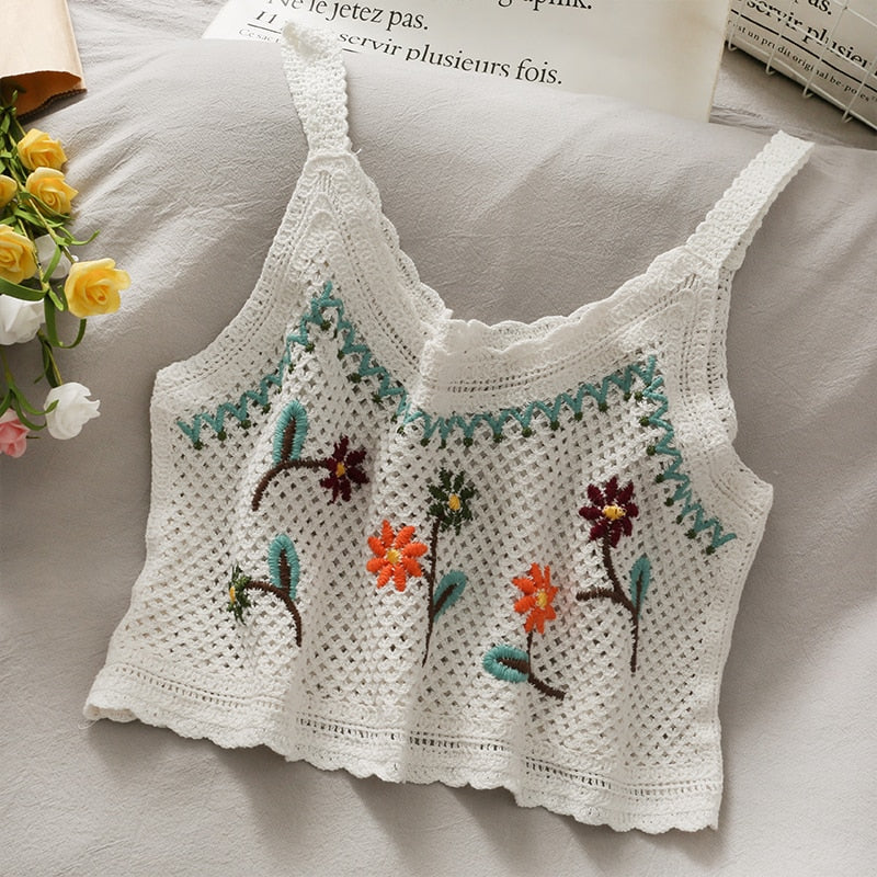 vintage embroidery crop tops camis for women floral print sleeveless