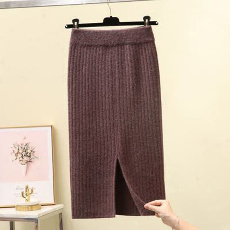 Knit Pencil Skirt Women High Waist Elastic Skirts