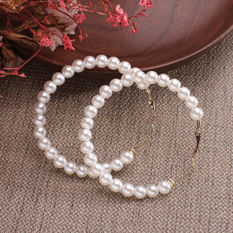 Simple Plain Metal Pearl Hoop Earrings Fashion Big Circle Hoops