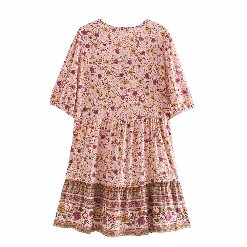 Floral Print Half Sleeve Retro Spliced Pleated Mini Short Dresses