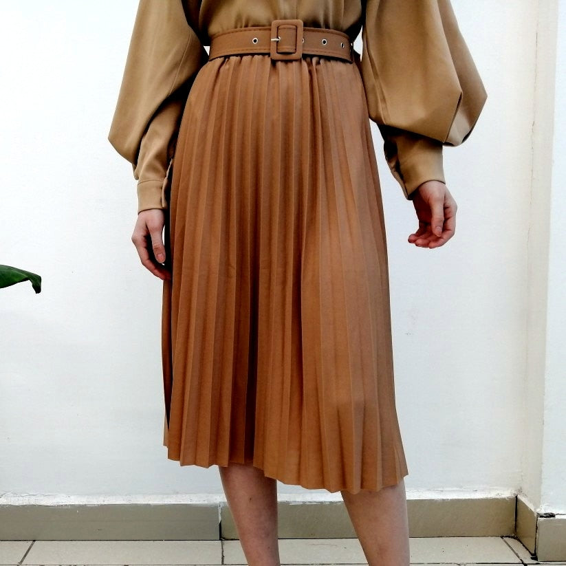 High Waist Women Skirt Casual Vintage Solid Belted Pleated Midi Skirts