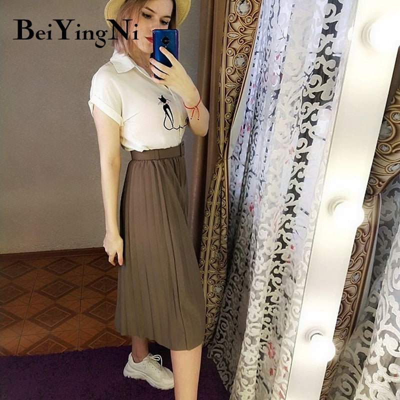 High Waist Women Skirt Casual Vintage Solid Belted Pleated Midi Skirts