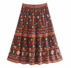 Bohemian Stream Flower Print Long Skirt Stitching Ruched Ruffle Hem