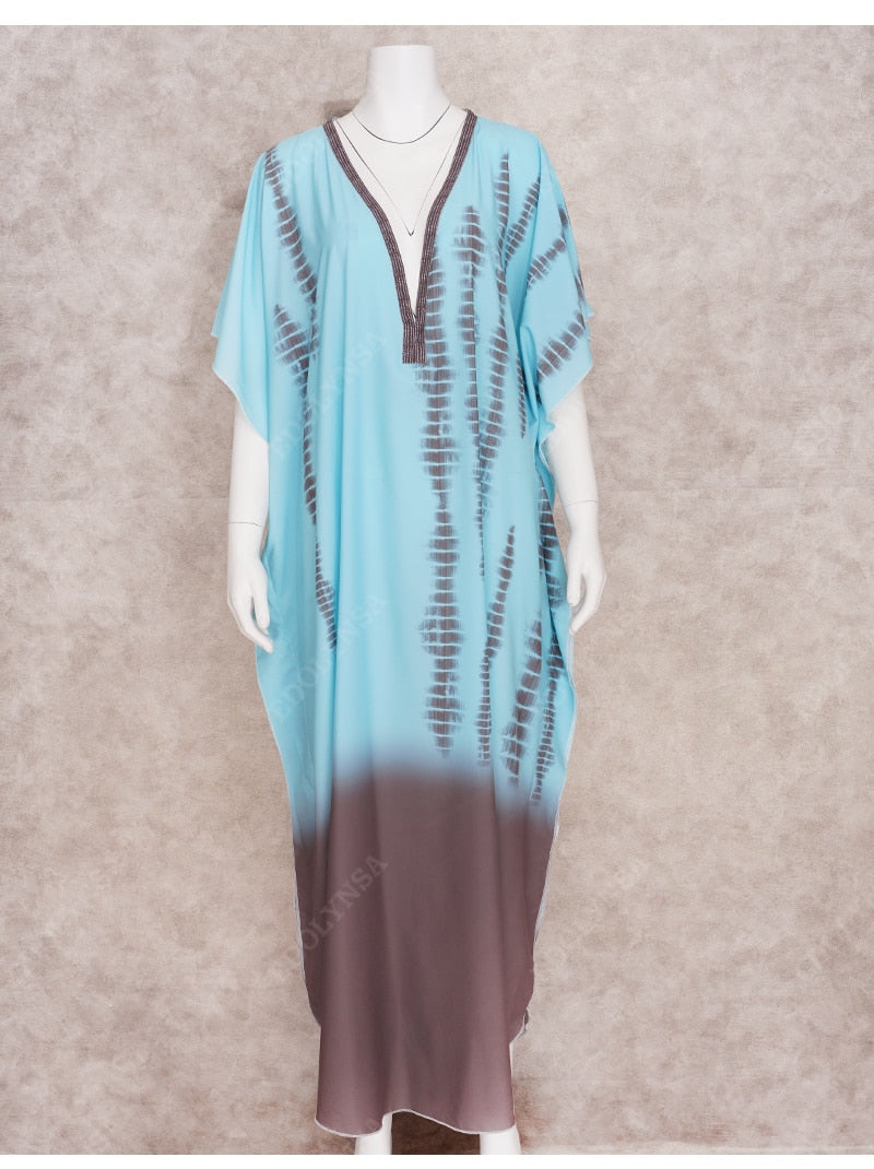 Green Boho Striped Kaftan Plus Size Retro V-neck Maxi Dress