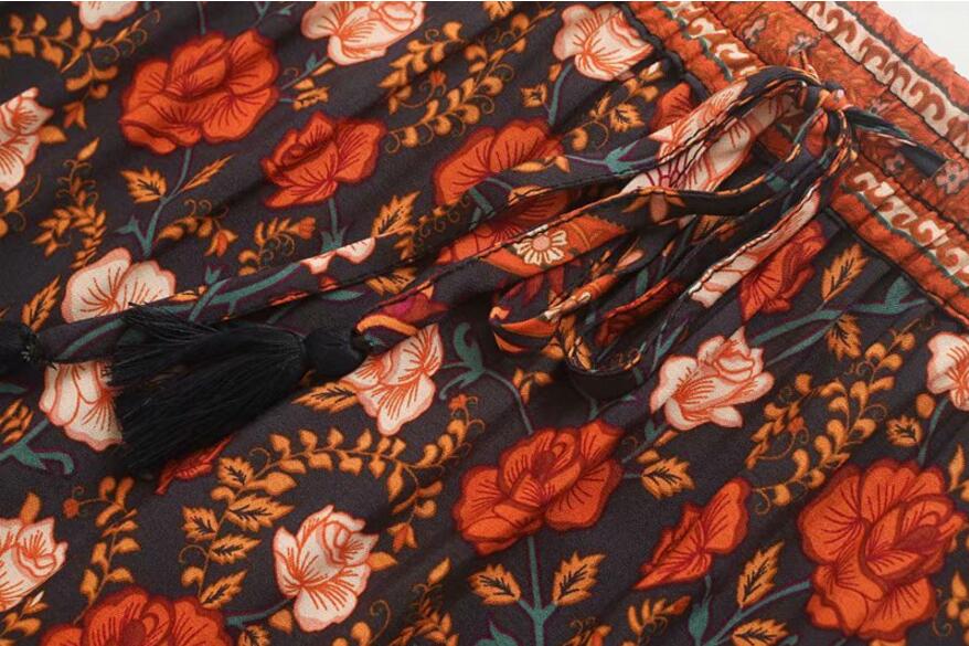 Bohemian Stream Flower Print Long Skirt Stitching Ruched Ruffle Hem