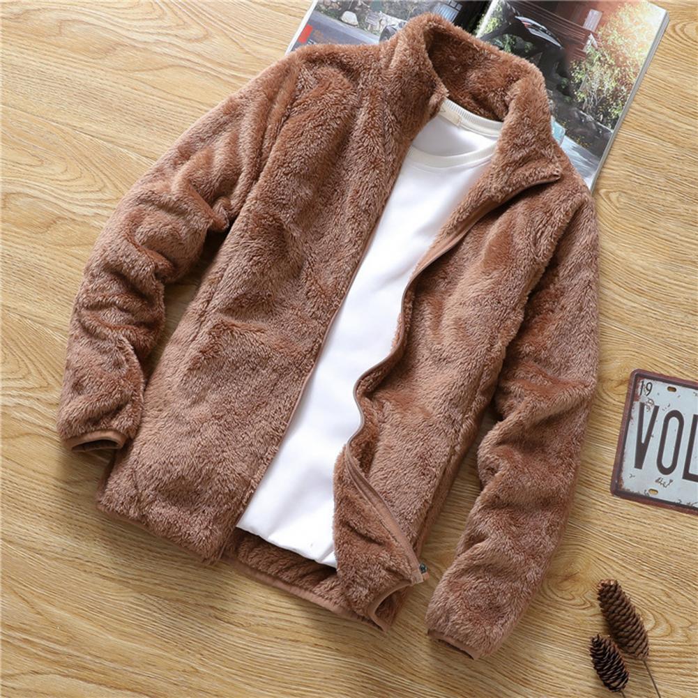 Men Coat Zipper Side Pockets Fleece Double Jacket Stand Collar Warm Jacket