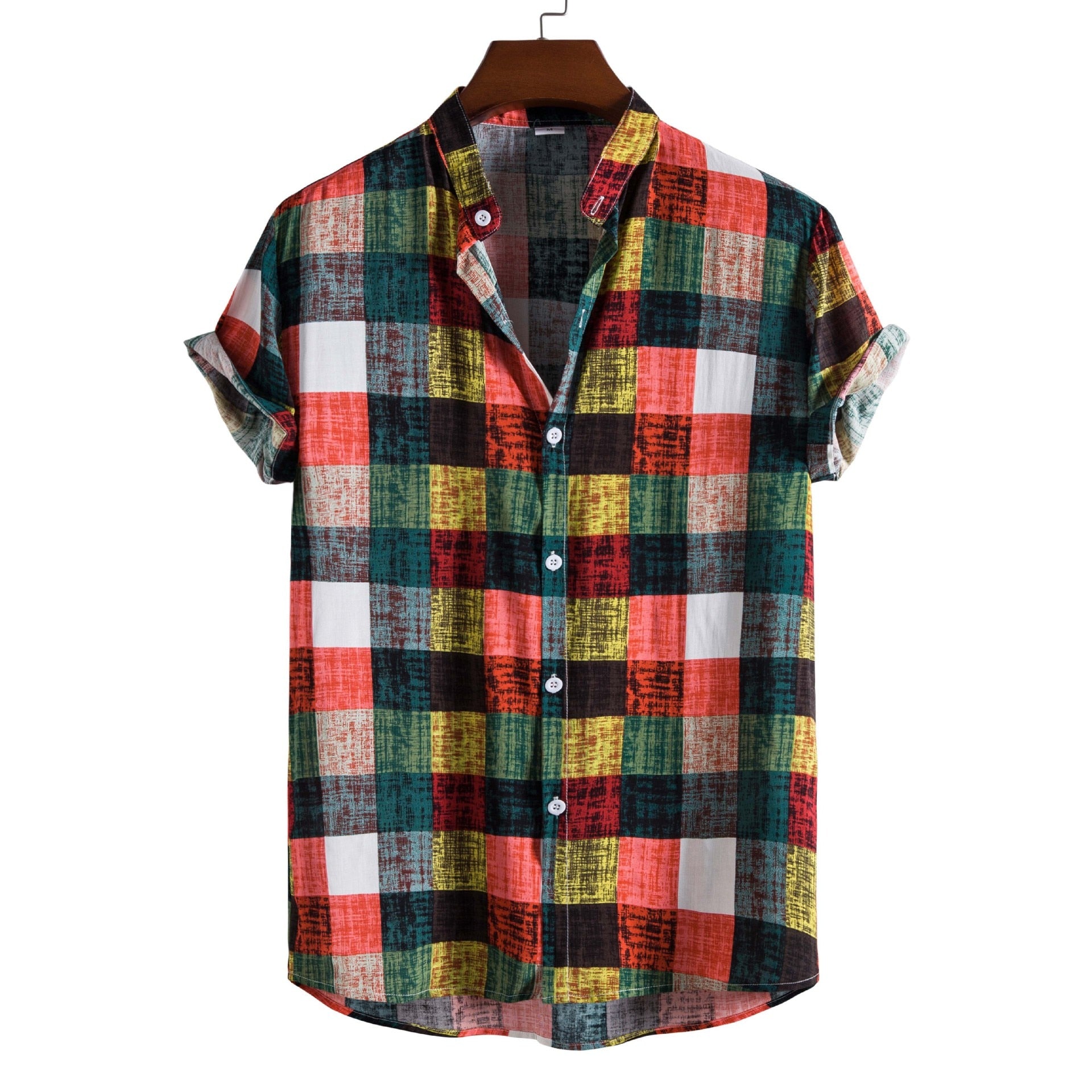 Men Fashion Color Plaid Print Stand-up Collar Short-sleeved Shirt