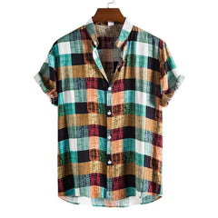 Men Fashion Color Plaid Print Stand-up Collar Short-sleeved Shirt