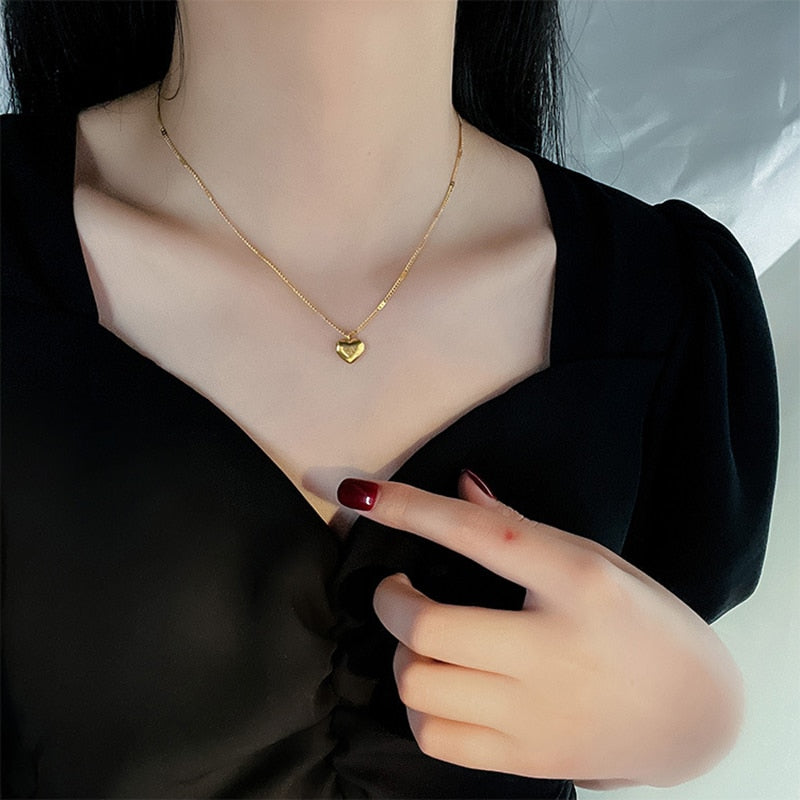 Stainless Steel Gold Color Love Heart Necklaces Trend Fashion