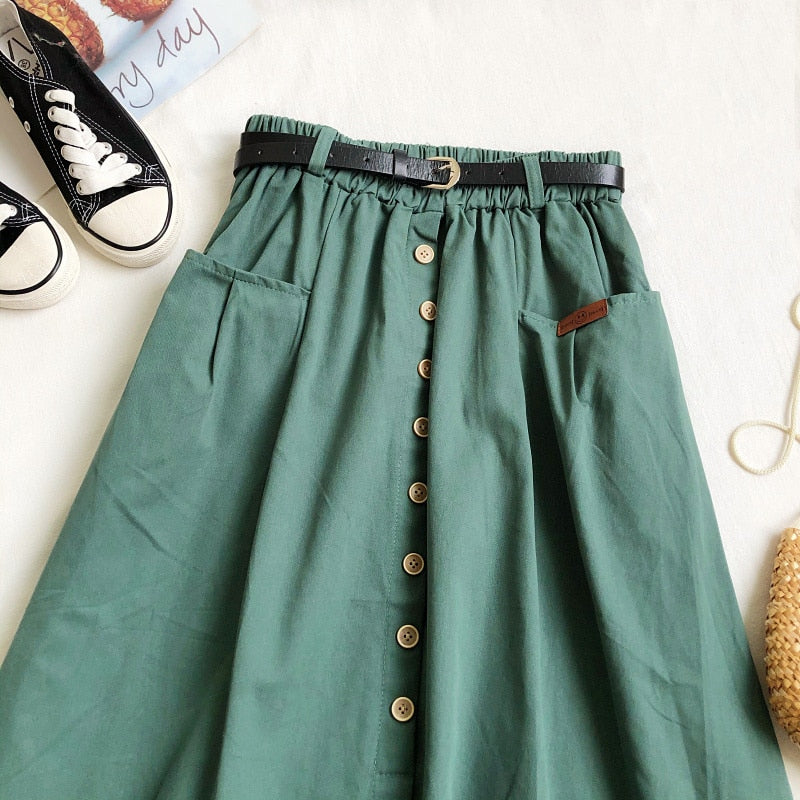 Casual Cotton Midi Long Skirt Women  Button Pocket Belt A Line