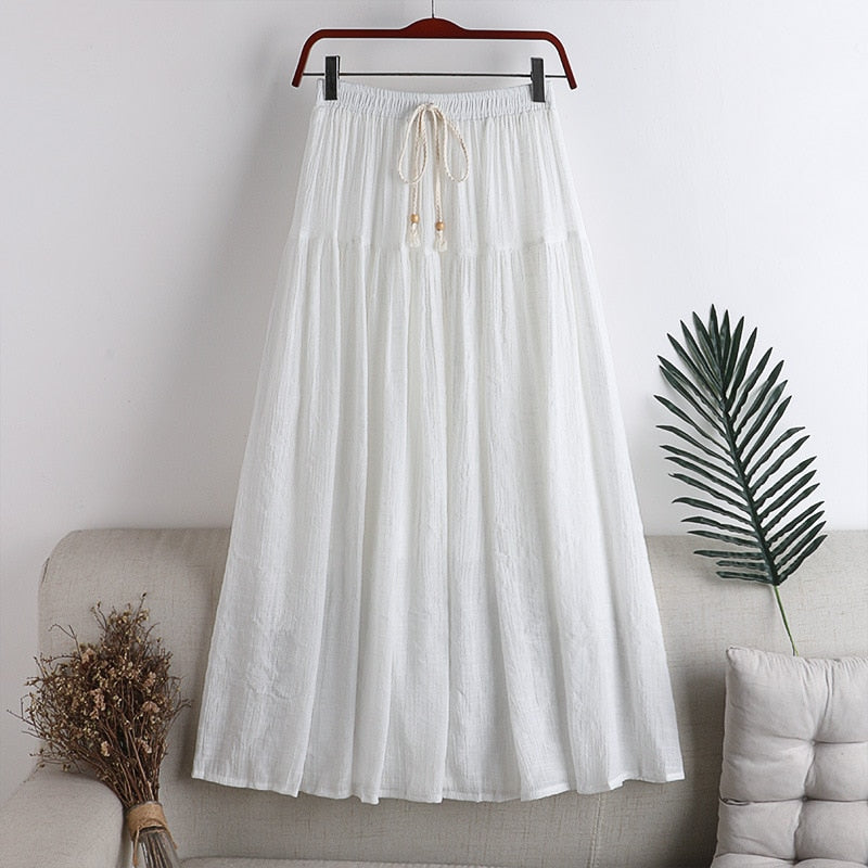 Linen Cotton Pleated Skirt Women Elastic High Waist Long Skirts