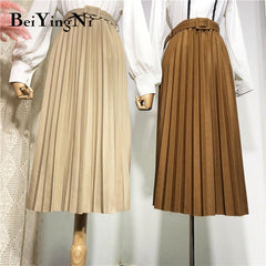 High Waist Women Skirt Casual Vintage Solid Belted Pleated Midi Skirts