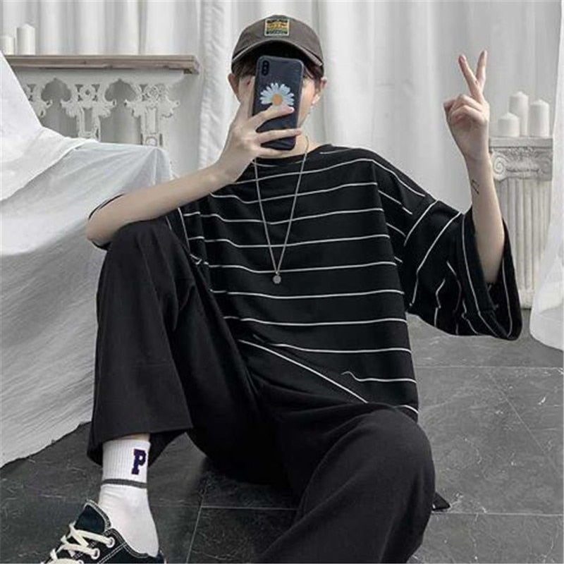 Oversized T-Shirt Men Funny Striped Hip Hop Loose Half Sleeve T Shirts