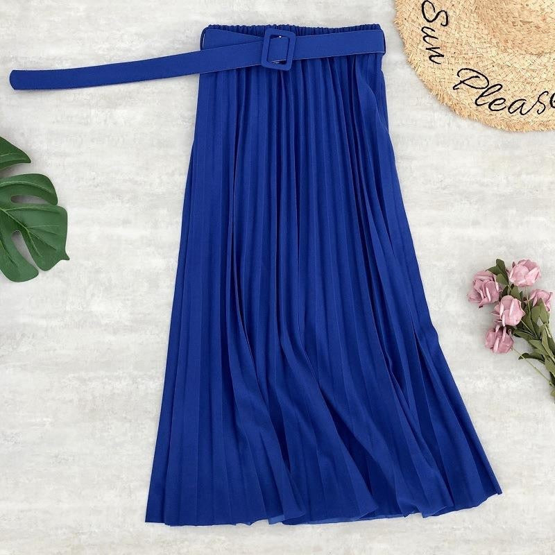 High Waist Women Skirt Casual Vintage Solid Belted Pleated Midi Skirts