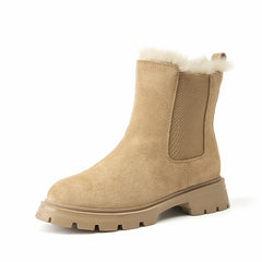 Chelsea Boots Women Suede Leather Snow Boots Warm Fur Round Toe Ladies