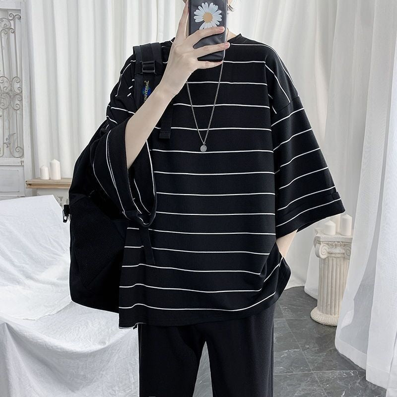 Oversized T-Shirt Men Funny Striped Hip Hop Loose Half Sleeve T Shirts