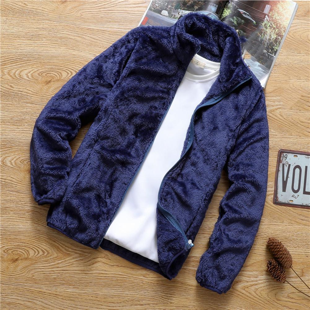 Men Coat Zipper Side Pockets Fleece Double Jacket Stand Collar Warm Jacket