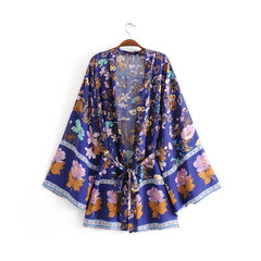 BOHO Women Bohemian Yellow V neck Flower Print Kimono Shirt