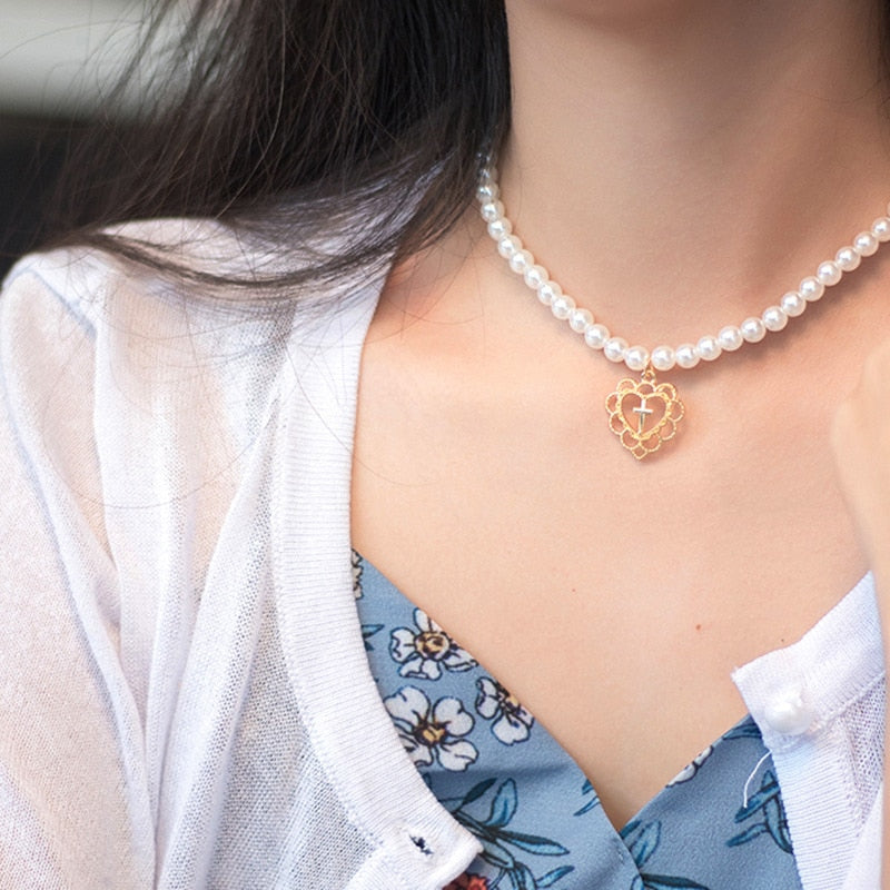 Dainty Pearl Flower Bow-knot Choker Necklace Long Chain Pearl Heart