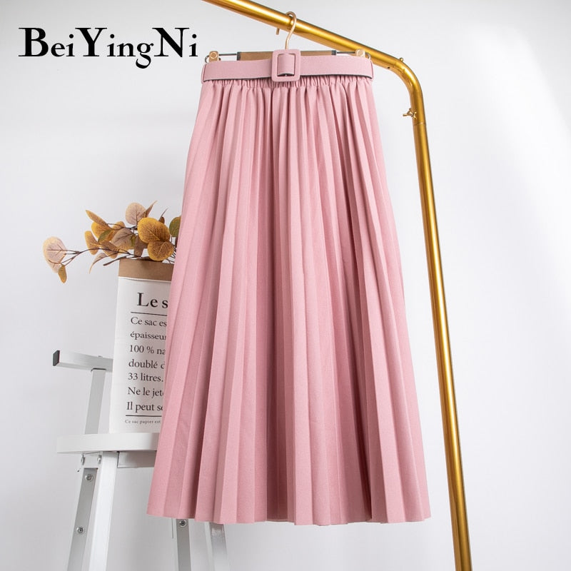 High Waist Women Skirt Casual Vintage Solid Belted Pleated Midi Skirts