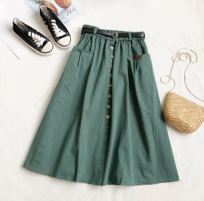 Casual Cotton Midi Long Skirt Women  Button Pocket Belt A Line