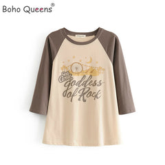 Boho Hippie Printed  Tops T-shirt Ladies Three Quarter Sleeve