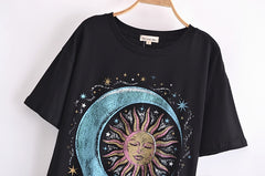 Women Boho Tees Short Sleeve Sun and Moon  Vintage T Shirt