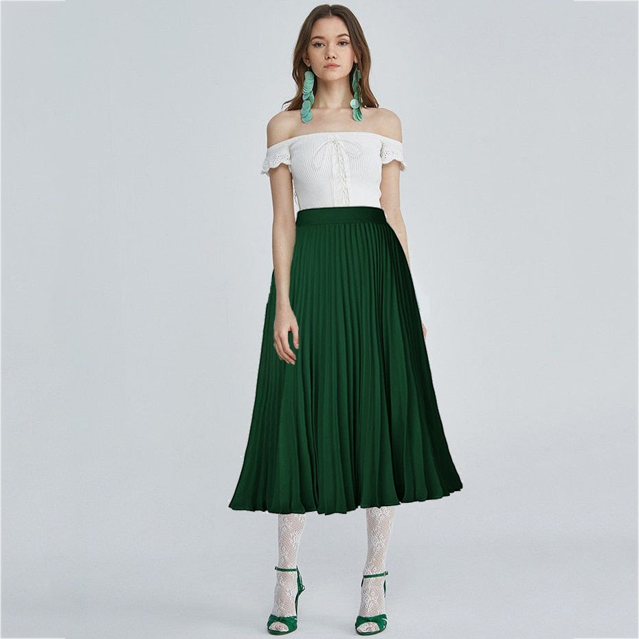 Fashion Women High Waist Pleated A-line Swing Skirt Multi Color Mid Calf Elastic Skirt