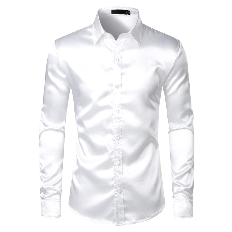 Men Shirts Silk Smooth Shirt Slim Fit Casual Shirt