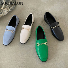 Slip On Loafer Metal Buckle Flat Shoes Round Toe Green Casual