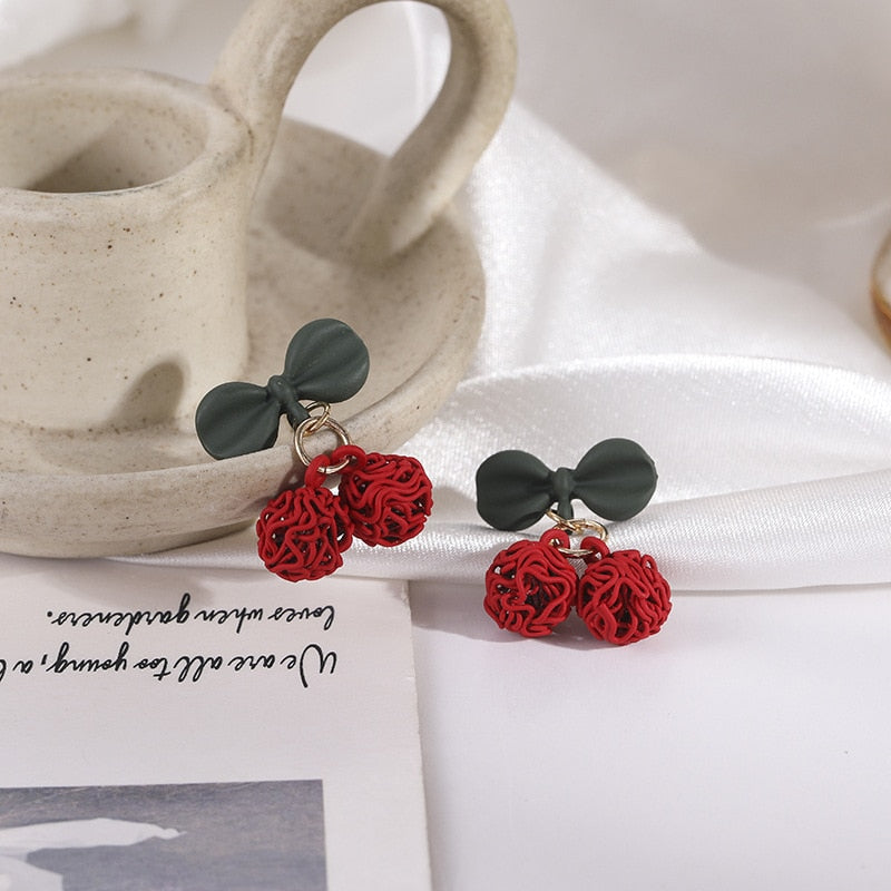 Style Sweet Gold Color Fresh Fruit Red Cherry Drop Earrings