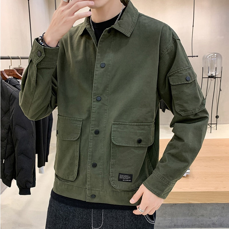 Jackets Men Basic Soft Letter Pockets Wind Breaker Turn-down Collar Outwear