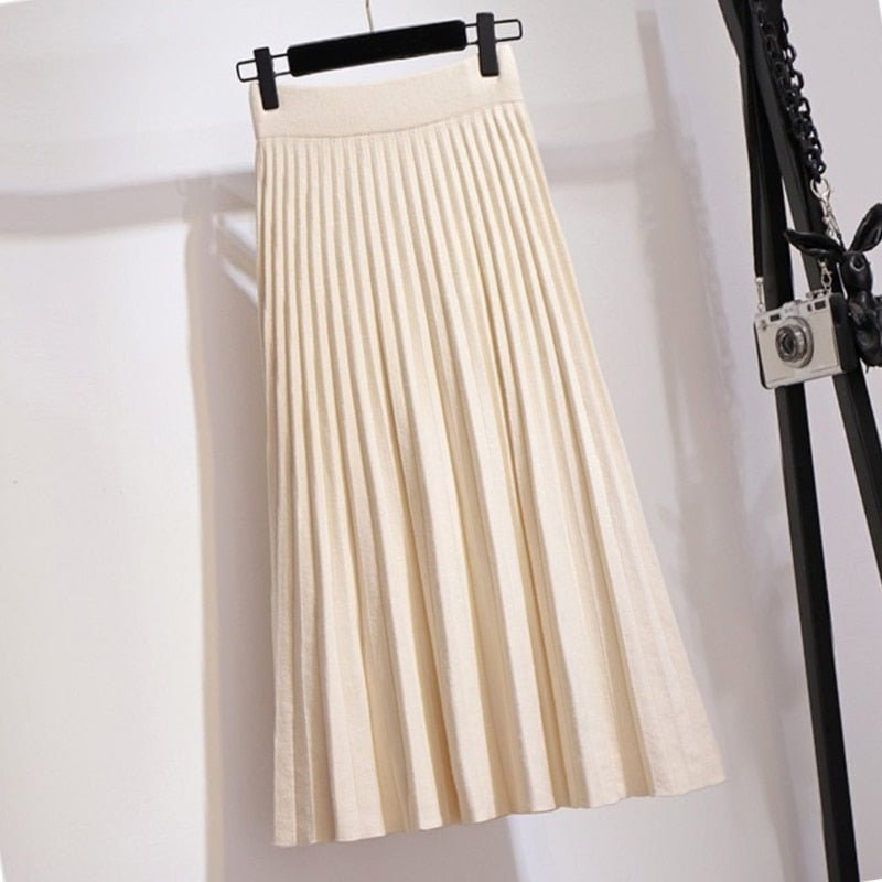 Fashion Knitted Midi Long Pleated Skirt Women